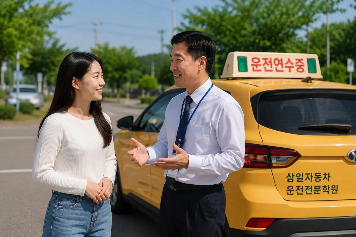차량 앞에서 초보 수강생에게 설명하는 강사